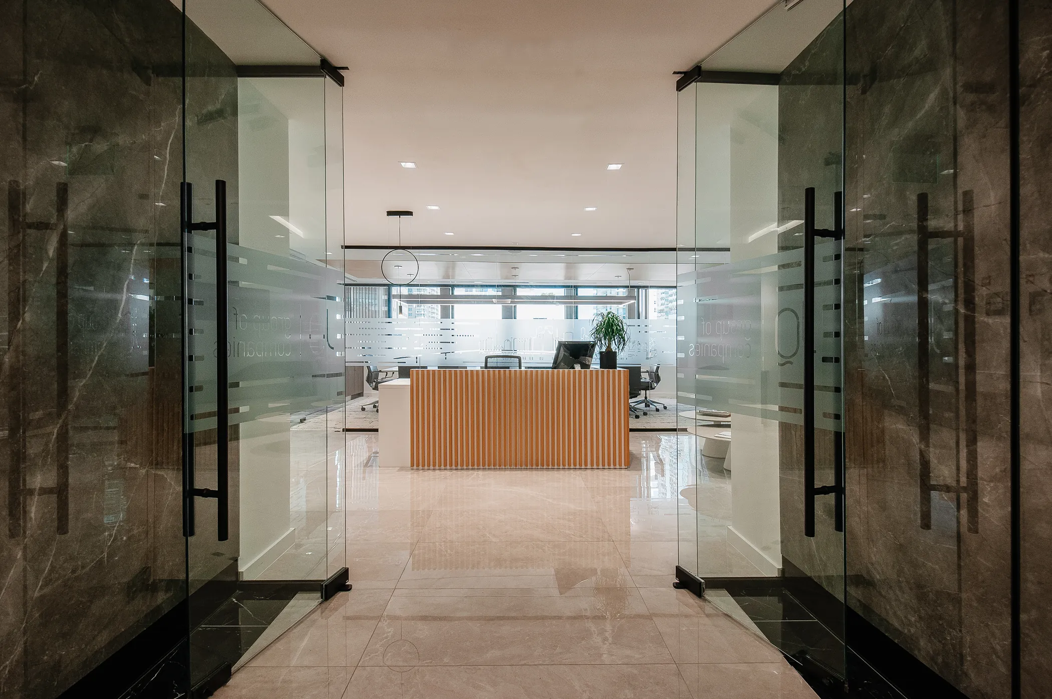 Corridor with glass partitions